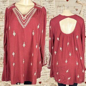 Denim 24/7 14W Brick Red Cream Embroidered Lined Open Back Long Sleeve Blouse